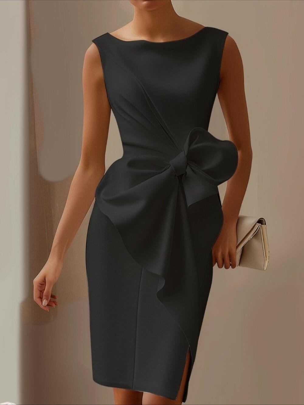 Fehaute Women's Sz 6 Black 3D Bow Sleeveless Sheath Midi Dress Elegant NEW